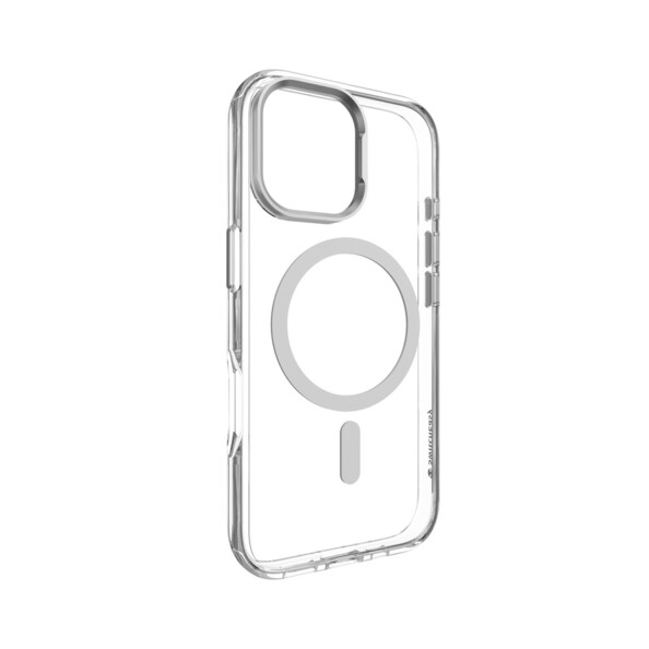 Coque magnétique MagSafe pour iPhone 17 coloris argent avec support smartphone pliable intégré