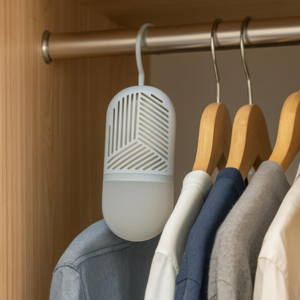 Déshumidificateur blanc rechargeable suspendu à la tringle d'un dressing par crochet