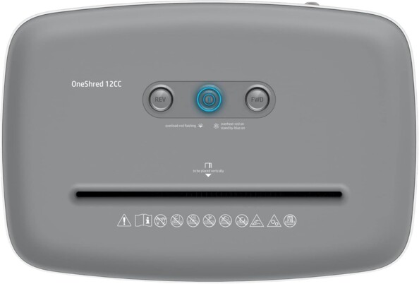 Tête de broyage vue du dessus avec orifice d'entrée du papier, 3 boutons de commande et logos imprimés en blanc