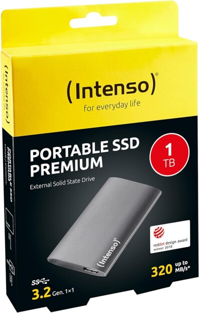 Disque dur externe SSD Premium avec câble USB-A dans son emballage cartonné