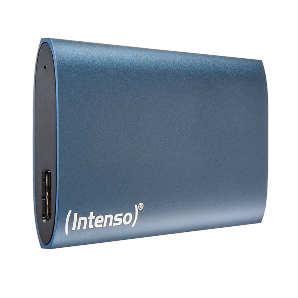 Vue de biais côté gauche du disque dur SSD Intenso avec voyant LED et port Micro-USB