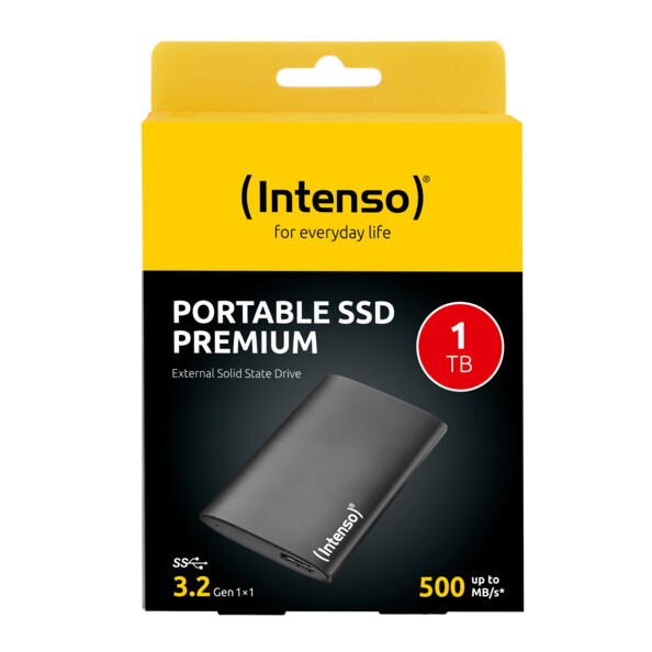 Disque dur externe SSD Premium avec câble Micro-USB vers USB-A et câble Micro-USB vers USB-C dans son emballage cartonné