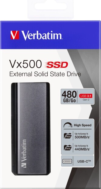 Disque dur externe VX500 dans son emballage avec câble USB-C, câble USB-A et logiciel de sauvegarde