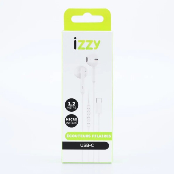 Emballage izzy blanc et vert pour écouteurs filaires USB-C'avec micro et câble 1,2 m