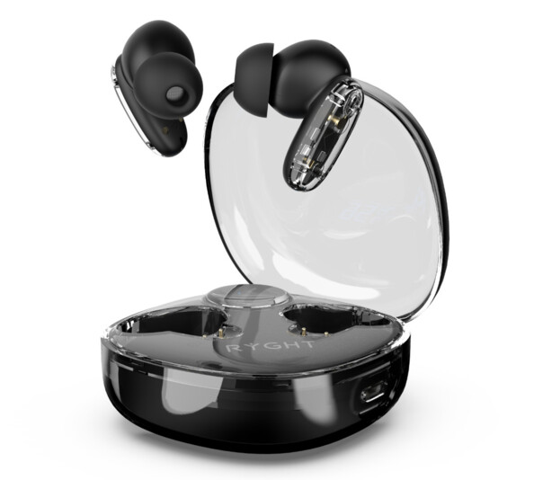 Boîtier transparent ouvert RYGHT avec deux écouteurs sans fil noirs et port USB-C visible