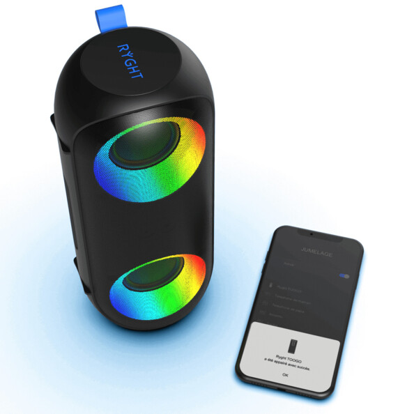 Vue du dessus sur le haut-parleur mobile Ryght avec LED RVB connecté à un smartphone via bluetooth