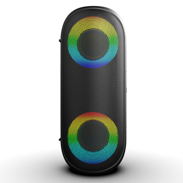 Enceinte TOOGO L RYGHT posée à la verticale sur son côté droit avec LED multicolores allumées