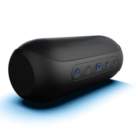 Vue de biais du dessus sur les boutons de commande de l'enceinte bluetooth portative Ryght