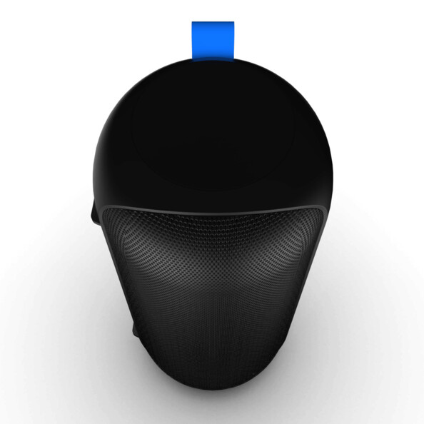 Vue du dessus sur le côté droit du boîtier noir avec languette bleue