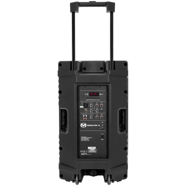 Arrière de l'enceinte bluetooth avec récepteur HF, lecteur de clé USB, boutons de contrôle, récepteur IR, petites roues et poignée télescopique