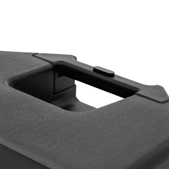 Gros plan sur la poignée télescopique rabattue du système de sonorisation