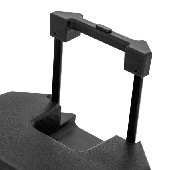 Vue plongeante sur la poignée télescopique déployée située sur le dessus de la sono