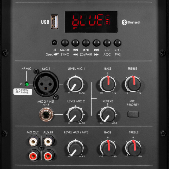 Panneau de commande arrière avec écran LED, boutons de régagle et connecteurs jack 6,35 mm et RCA/Cinch