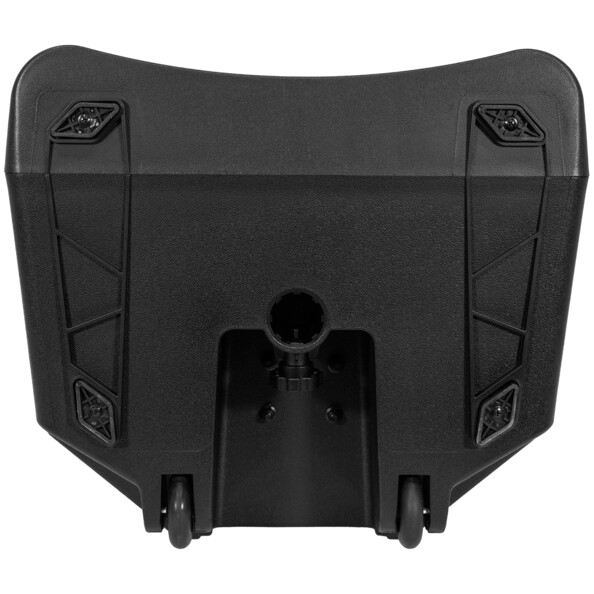 Vue du dessous de l'enceinte sono portable avec pieds de support, roulettes et orifice de fixation à une barre de support