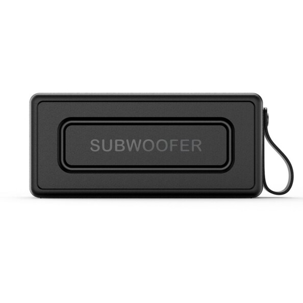 Arrière du boîtier rectangulaire coloris noir du haut-parleur CGV avec sangle sur le côté gauche et subwoofer intégré