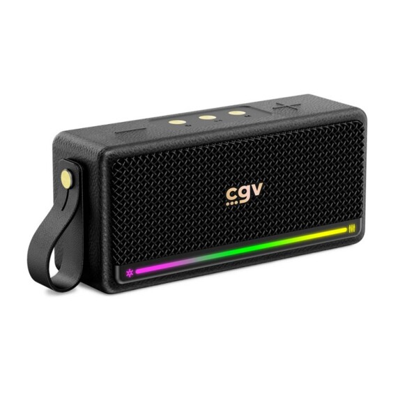 Enceinte bluetooth CGV rectangle avec barre LED RVB, sangle de transport, boutons de commande en métal doré et revêtement synthétique aspect cuir couleur noir