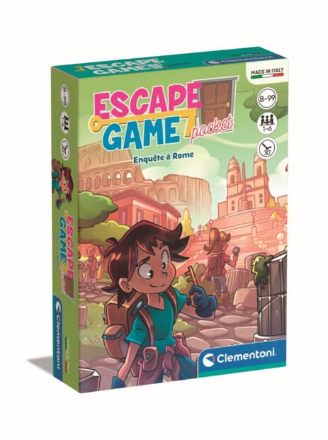 Boîte Escape Game Pocket Enquête à Rome Clementoni avec illustration du Colisée et personnages