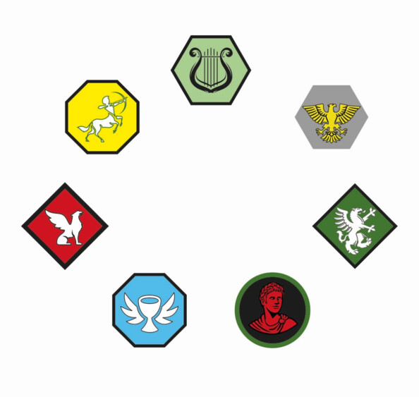 Jetons du Escape Game Pocket avec symboles mythologiques : centaure, aigle, lion, griffon et lyre