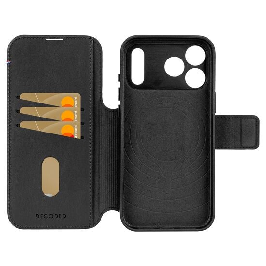 Vue intérieure de l'étui avec coque rigide et portefeuille pour 3 cartes