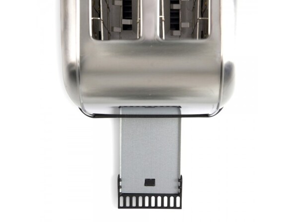 Vue rapprochée du dessus sur le tiroir ramasse-miettes amovible pour nettoyage facile du grille-pain