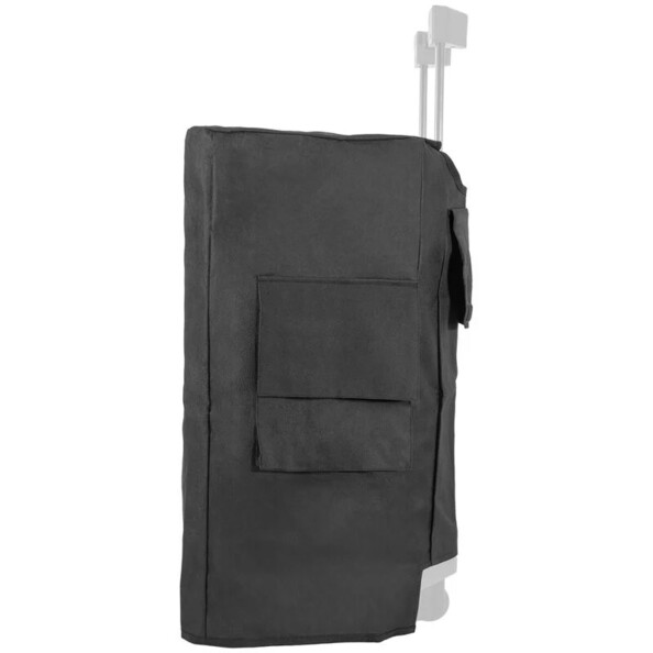 Côté gauche de la housse de protection et de transport noire installée sur la sono 15" avec poche latérale à fermeture à scratch