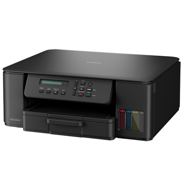 Imprimante multifonction Brother avec scanner à plat, panneau de commande LCD et réservoirs d’encre visibles sur le côté