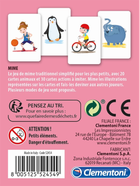 Verso de l'emballage du jeu Mime avec cartes illustrées