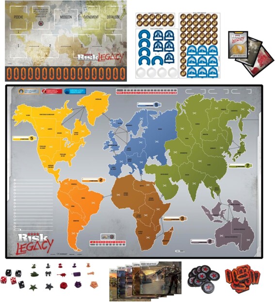 Risk Legacy avec cartes, unittés militaires, pions, dés, autocollants
