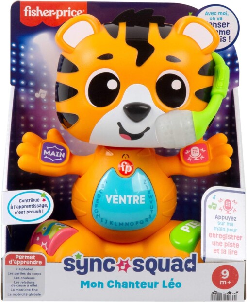 Jouet d’éveil interactif lumineux Mon Chanteur Léo Sync Squad Fischer-Price dans son emballage cartonné