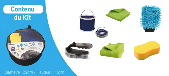 Kit de lavage auto Beeper avec seau, brosse spéciale jantes, éponge, gant de lavage, chiffon en microfibres double face et chiffon en microfibres pour séchage