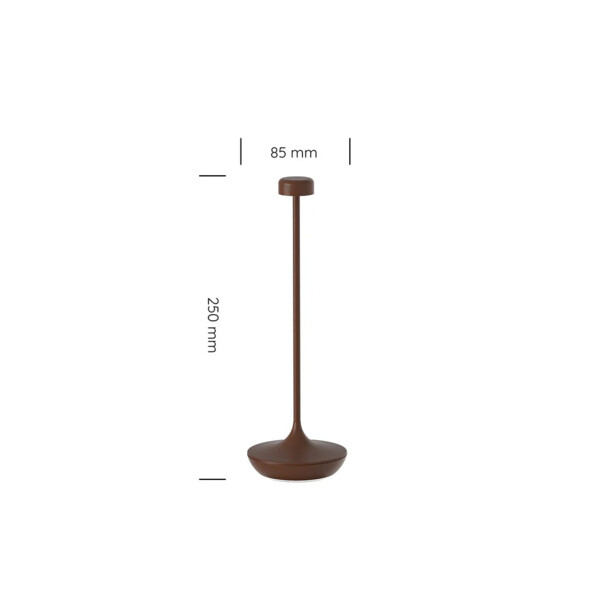 Lampe de table à intensité variable coloris acier corten avec diamètre 85 mm et hauteur 254 mm annotées