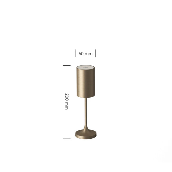Lampe de table à intensité variable coloris laiton brossé avec diamètre 60 mm et hauteur 200 mm annotées