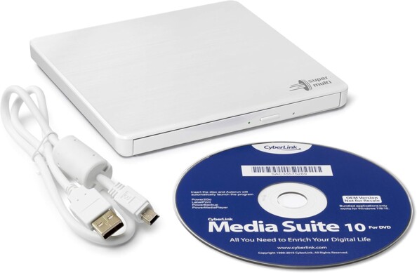 Lecteur & graveur optique blanc avec câble USB et disque CyberLink Media Suite 10