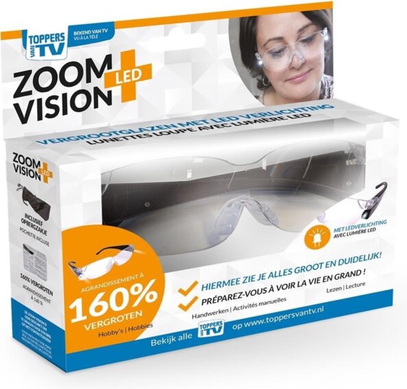 Paire lunettes loupe LED Zoom Vision + avec sac de rangement dans un emballage cartonné et plastifié