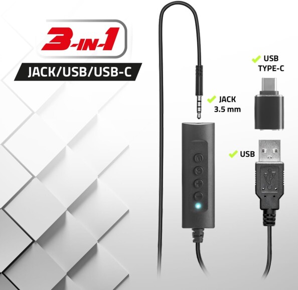 Zoom sur le câble jack du casque, le boîtier de commande jack vers USB-A et l'adaptateur USB-A vers USB-C