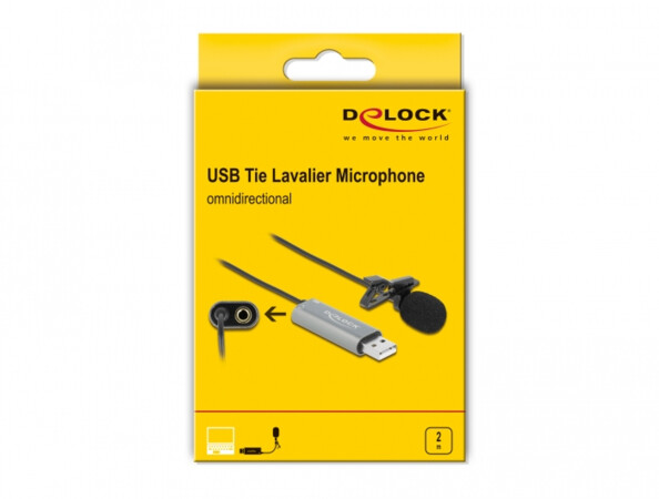 Emballage jaune du micro-cravate USB DeLock omnidirectionnel avec câble de 2 mètres