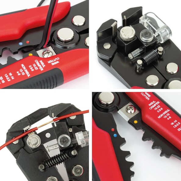 Quatre gros plan sur les différentes fonctionnalités de l'outil manuel : coupe de câble, crans de sertissage, pince à dénuder et butée réglable