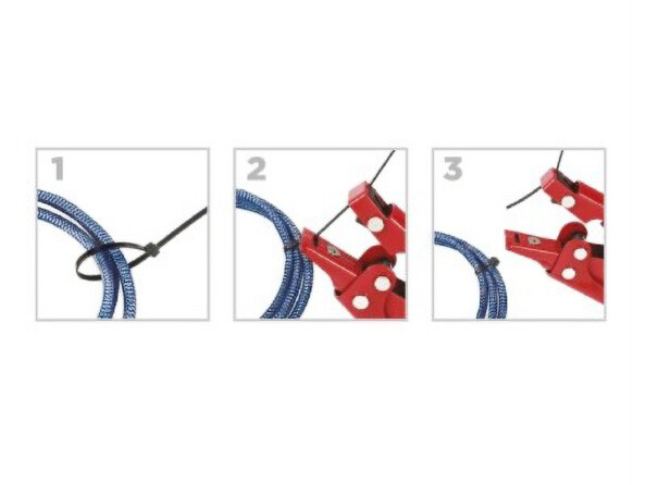 Mode d'emploi de la pince serre-câbles en 3 étapes : mise en place du collier de serrage, serrage via la pince et découpe du surplus