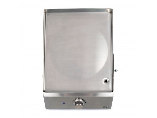 Vue du dessus sur la grande surface de cuisson 43 x 35 cm en inox avec bordures de la plancha livoo