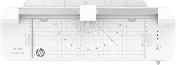 Dessus du boîtier blanc avec logo HP, massicot, voyant LED et boutons de commande de la machine à plastifier à chaud ou à froid