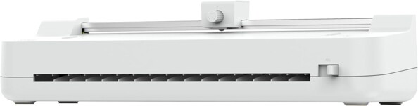 Face avant de la plastifieuse One Lam Combo HP avec sortie de papier, levier de déblocage ABS et massicot sur le dessus