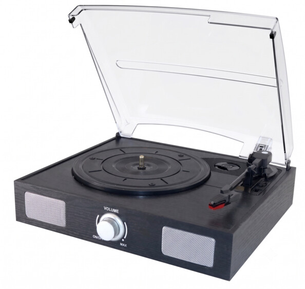 Platine vinyle Inovalley sans disque avec couvercle ouvert et bouton volume