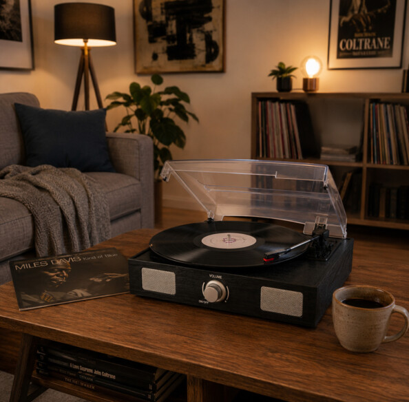 Platine vinyle sur table basse avec disques de jazz et tasse de café en salon