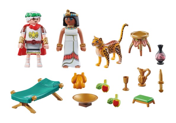 Pièces du set Playmobil César et Cléopâtre : figurines, léopard, lit de repos, accessoires de banquet