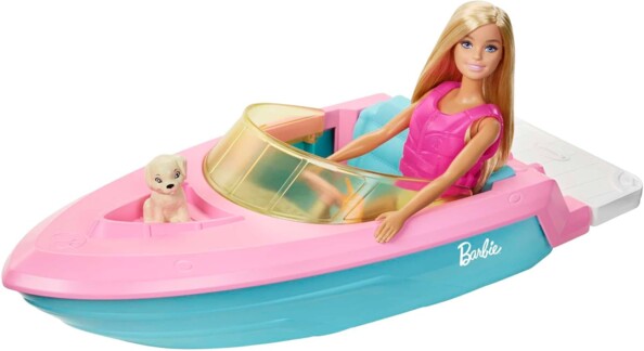 Poupée Barbie dans son bateau et avec son chiot