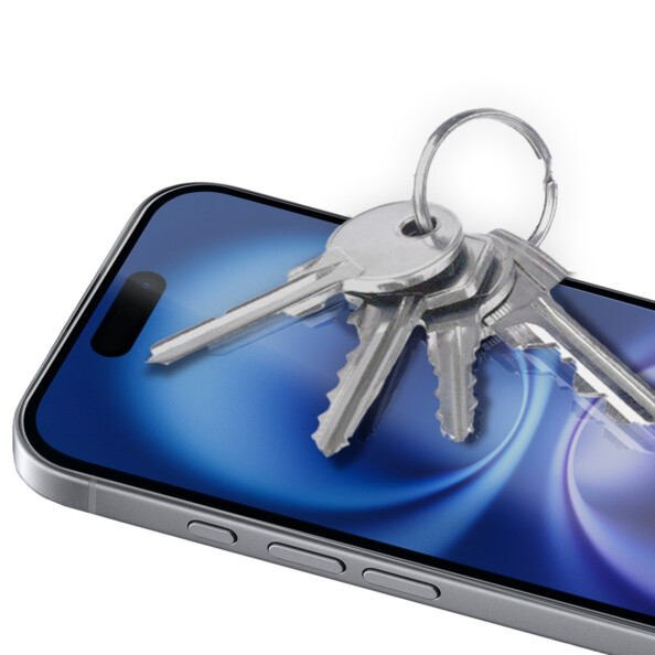 Mise en situation de la vitre de protection en verre trempé sur un iPhone 16 Plus allumé protégeant l'écran contre les rayures de clés