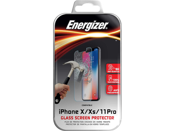 Face avant du packaging plastifié du verre trempé pour iPhone X/XS/11 de la marque Energizer