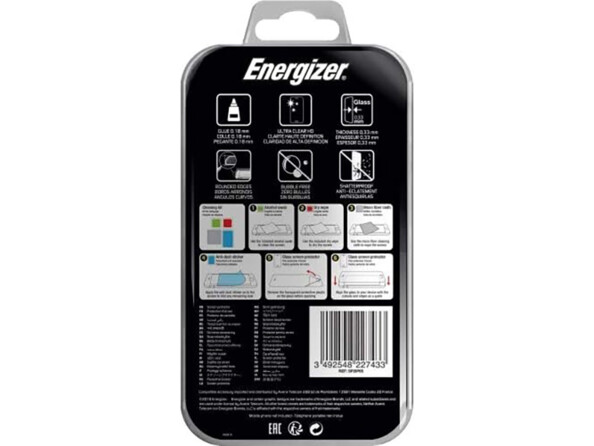 Face arrière de l'emballage du film protecteur pour écran Energizer avec données techniques