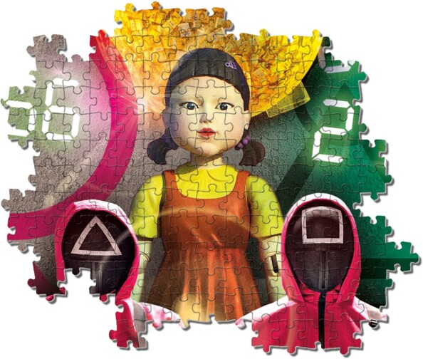 Assemblage en cours du puzzle 1000 pièces pour adultes avec personnages de la série Squid Game de Netflix