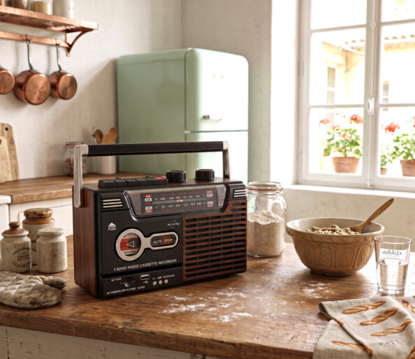 Radio-cassette rétro Inovalley posé sur plan de travail farineux dans une cuisine vintage près d un bol de pâte